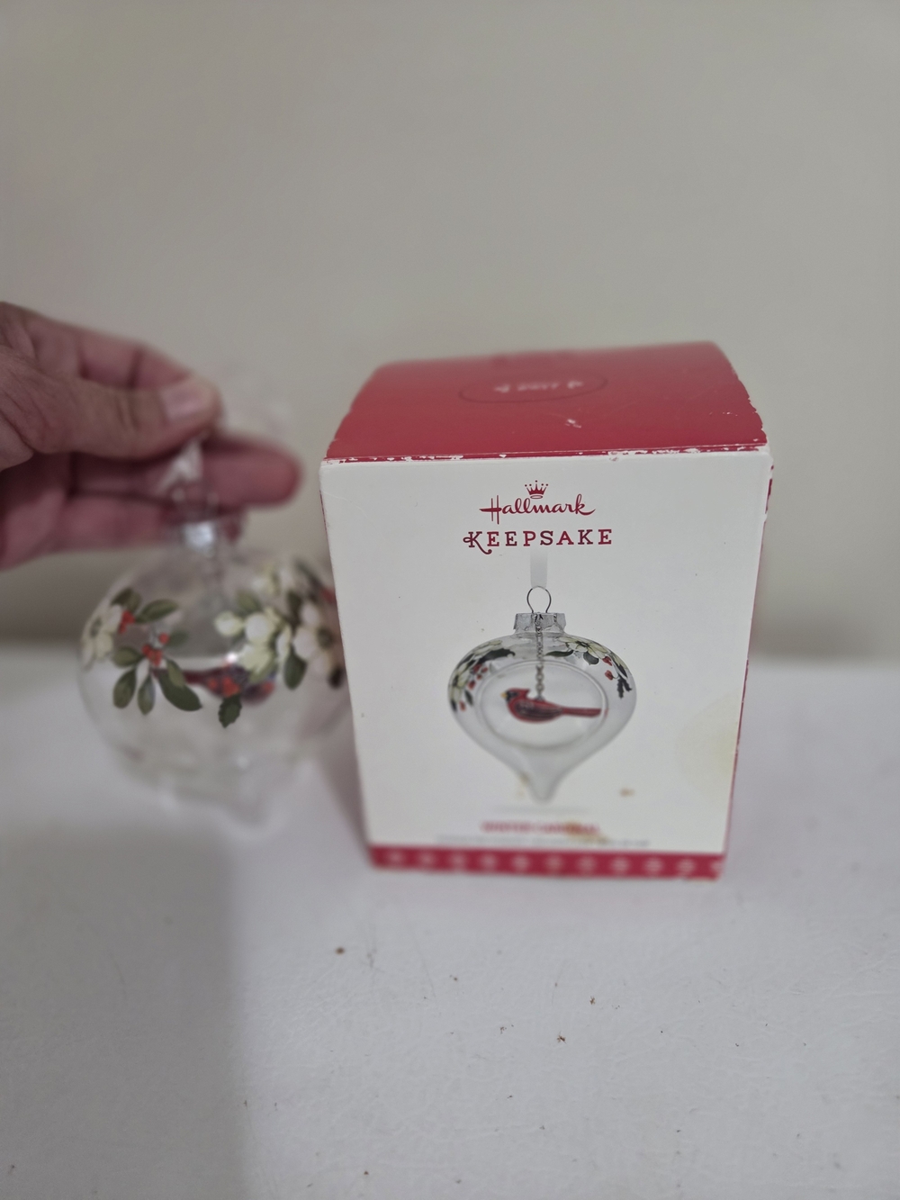 Hallmark Ornament 2017 Winter Cardinal Glass Teardrop
